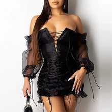 Load image into Gallery viewer, Mesh Lace-Up Drawstring Design Ruched Dress