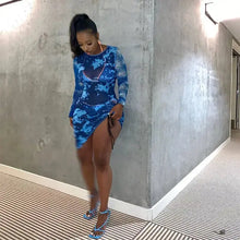 Load image into Gallery viewer, Pleated Print Long Sleeve Mesh See-Through Mini Dress