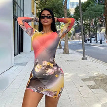 Load image into Gallery viewer, See Through Mesh Long Sleeve Floral Print Bodycon Mini Dress