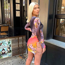 Load image into Gallery viewer, See Through Mesh Long Sleeve Floral Print Bodycon Mini Dress