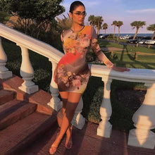 Load image into Gallery viewer, See Through Mesh Long Sleeve Floral Print Bodycon Mini Dress