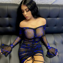 Load image into Gallery viewer, Slash Neck Bandage Mesh Bodycon Flared Dress