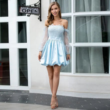 Load image into Gallery viewer, Double Crazy Mesh Lantern Sleeve Lace Bodice Satin Dress