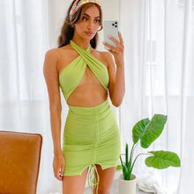 Load image into Gallery viewer, Elegant Drawstring Ruched Criss Cross Halter Backless Mini