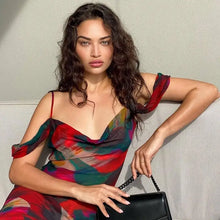Load image into Gallery viewer, Fashion Print Mesh See Through Sexy Slip Maxi Dress