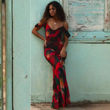 Load image into Gallery viewer, Fashion Print Mesh See Through Sexy Slip Maxi Dress - Red