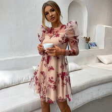 Load image into Gallery viewer, High Street O-neck Floral Mesh Full Puff Sleeve Dress