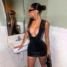 Load image into Gallery viewer, PU Leather Black Backless Plunge Dress - black / S