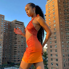 Load image into Gallery viewer, Ruched Halter Cut-Out Mini Dress - orange / L
