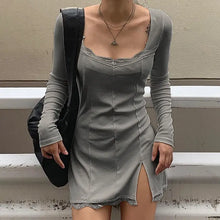 Load image into Gallery viewer, Square Neck Lace Patchwork Bodycon Side Split Mini Dress
