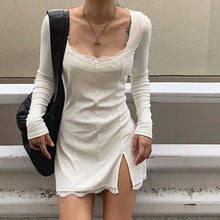Load image into Gallery viewer, Square Neck Lace Patchwork Bodycon Side Split Mini Dress