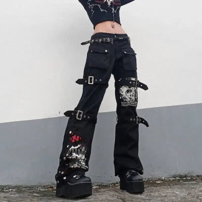 Punk Skull Print High Waist Grunge Cargo Pants