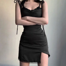 Load image into Gallery viewer, Strappy Satin Ruched Lace Spliced Side Split Dress