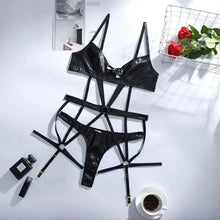 Load image into Gallery viewer, 2-Piece PU Leather Ring Black Bandage ingerie Set