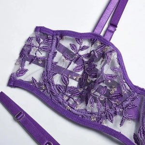 2-piece Floral Embroidery Transparent Purple Bra & Panty Underwear Set