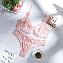 Load image into Gallery viewer, 2-Piece Embroidery Pink Lace Bra &amp; Panty Lingerie Set - L
