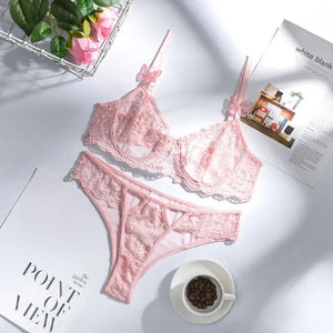 2-Piece Embroidery Pink Lace Bra & Panty Lingerie Set - L