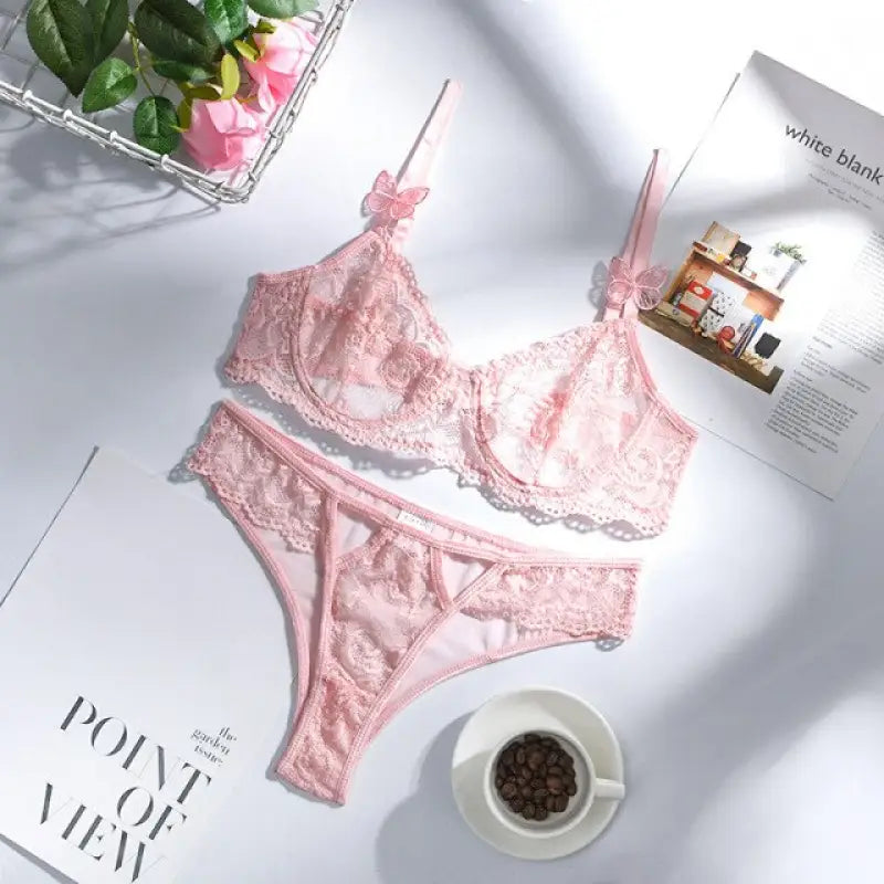 2-Piece Embroidery Pink Lace Bra & Panty Lingerie Set - L