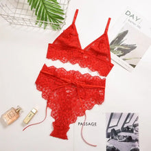 Load image into Gallery viewer, 2-Piece Lace Patchwork Wireless Bra &amp; Bandage Lingerie Set