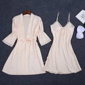 2PC Robe Kimono Pajamas Set - Champagne - XXL