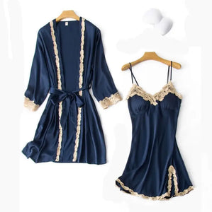 2PC Robe Kimono Pajamas Set - Navy Blue - F / XXL