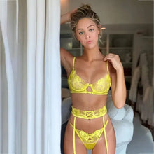 Load image into Gallery viewer, 3 PC Lace Embroidery Floral Bra &amp; Panties Lingerie Set