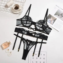 Load image into Gallery viewer, 3 PC Lace Embroidery Floral Bra &amp; Panties Lingerie Set