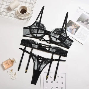3 PC Lace Embroidery Floral Bra & Panties Lingerie Set