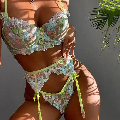 3-Piece Lace Floral Embroidery Bow Bra Underwire & Thong Green Lingerie Set
