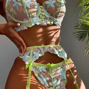 3-Piece Lace Floral Embroidery Bow Bra Underwire & Thong Green Lingerie Set