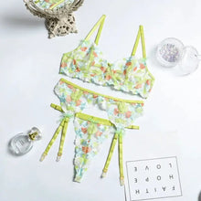 Load image into Gallery viewer, 3-Piece Lace Floral Embroidery Bow Bra Underwire &amp; Thong Green Lingerie Set