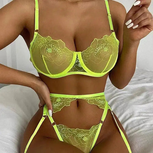 3-Piece Lace Unlined Embroidery Bra Underwire & Panty Lingerie Set