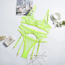 Load image into Gallery viewer, 3-Piece Lace Unlined Embroidery Bra Underwire &amp; Panty Lingerie Set