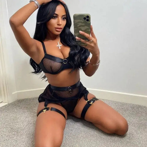 3-Piece Mesh Transparent Ring Underwire Lingerie Set with Garter Belt