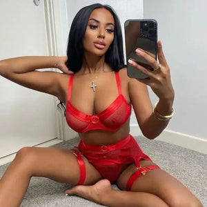 3-Piece Mesh Transparent Ring Underwire Lingerie Set with Garter Belt