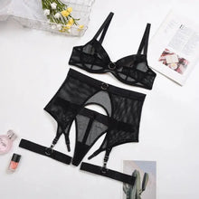 Load image into Gallery viewer, 3-Piece Mesh Transparent Ring Underwire Lingerie Set with Garter Belt