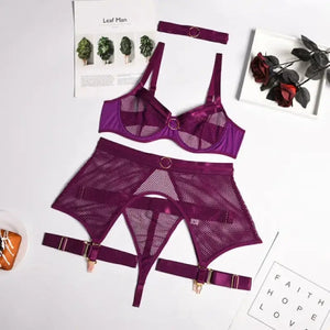 3-Piece Mesh Transparent Ring Underwire Lingerie Set with Garter Belt