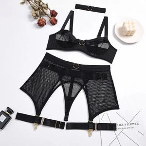 3-Piece Mesh Transparent Ring Underwire Lingerie Set with Garter Belt