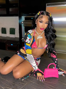 3 Piece Baddie Cartoon Pattern Top And Drawstring Skirt