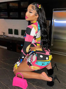 3 Piece Baddie Cartoon Pattern Top And Drawstring Skirt