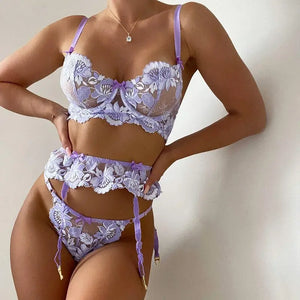 3-Piece Floral Embroidery Bow Lace Underwear Set - Bra &