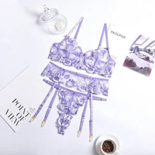 Load image into Gallery viewer, 3-Piece Floral Embroidery Bow Lace Underwear Set - Purple