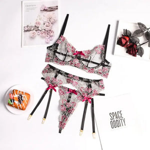 3-Piece Lace Bow Floral Embroidery Bra Underwire & Thong