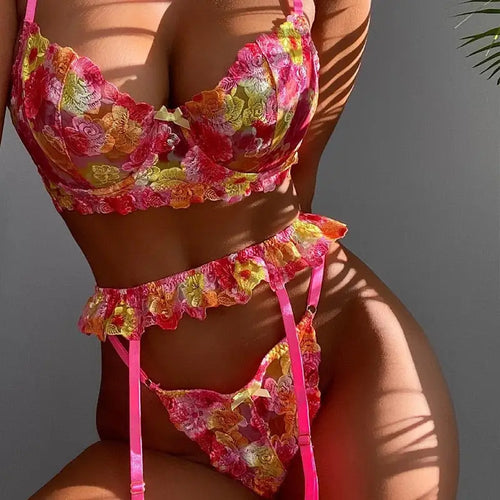 3-Piece Lace Floral Embroidery Bra Underwire & Panty