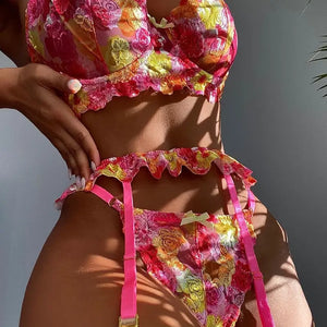 3-Piece Lace Floral Embroidery Bra Underwire & Panty