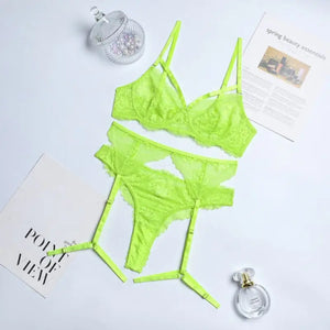 3-Piece Lace Hollow Out Seamless Garter Lingerie Set - Neon