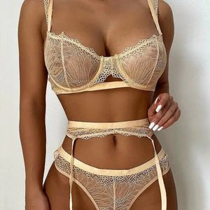 3-Piece Lace Khaki Floral Transparent Bra Underwire & Panty