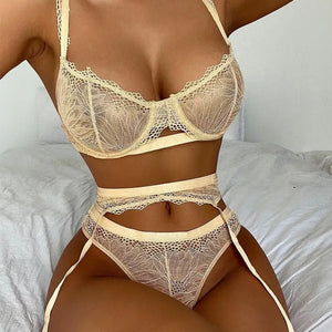 3-Piece Lace Khaki Floral Transparent Bra Underwire & Panty