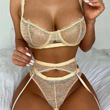 Load image into Gallery viewer, 3-Piece Lace Khaki Floral Transparent Bra Underwire &amp; Panty