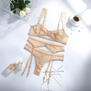 3-Piece Lace Khaki Floral Transparent Bra Underwire & Panty